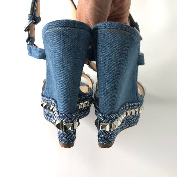 Christian Louboutin Cataclou 140 Jeans Silvers Studded Wedge Platform Sandals 37 - Picture 9 of 13